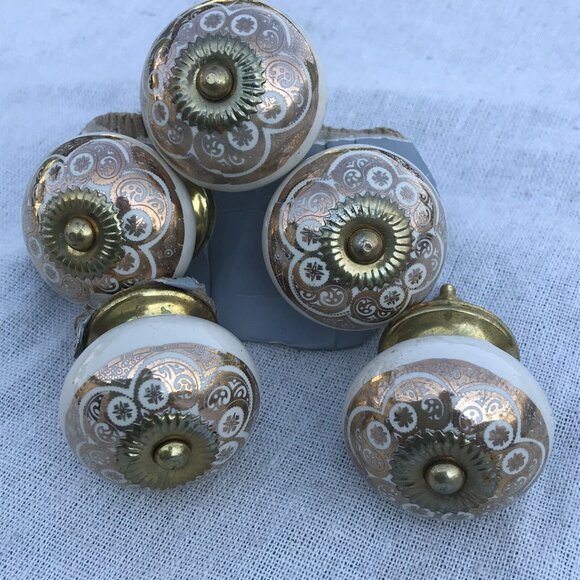 NEW Set 5 Decor Ceramic Gold Brass Decorative Drawer Cabinet Pulls Knobs - Picture 7 of 10